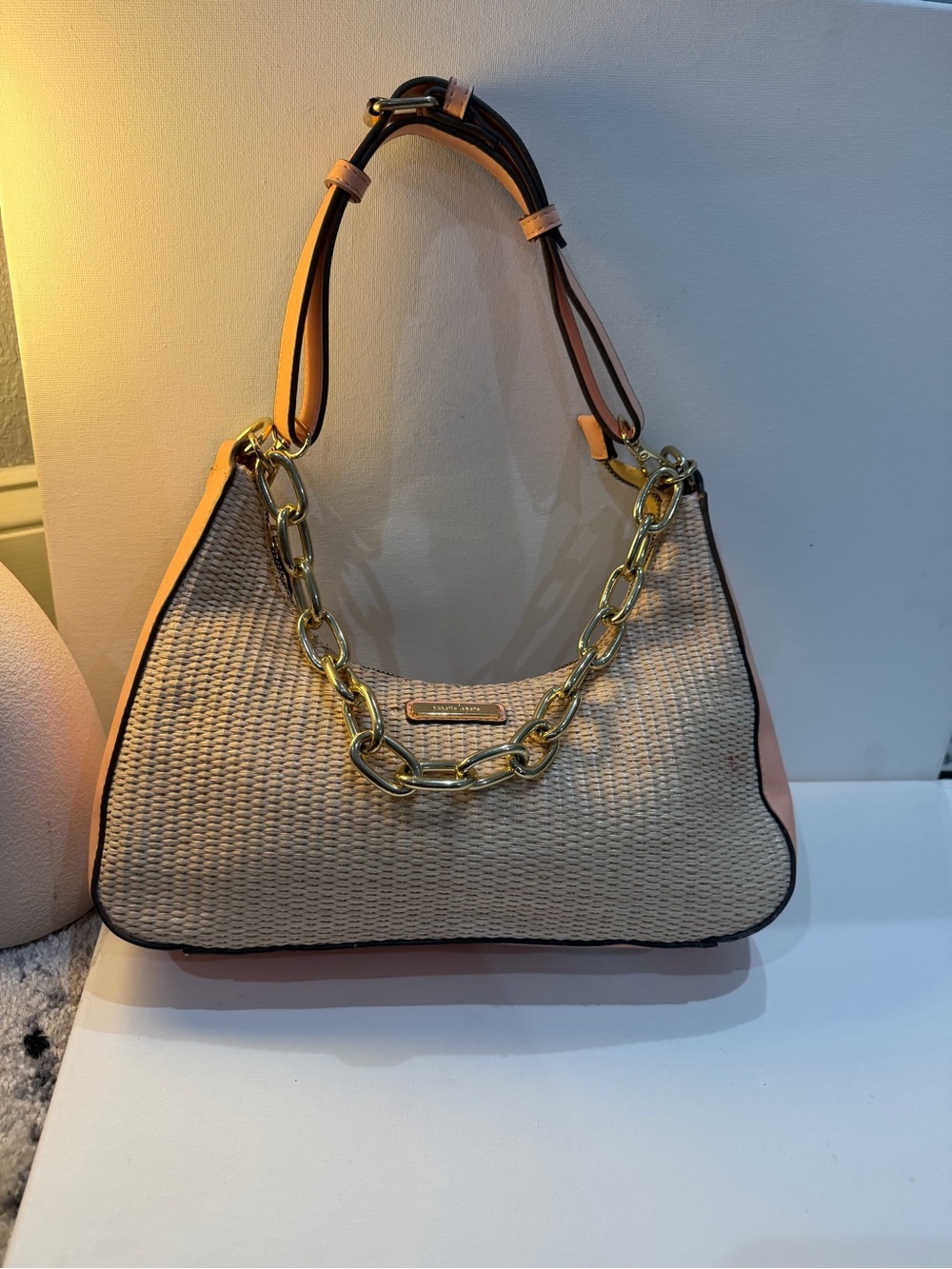Woven Straw Shoulder Bag with Gold Chain - Pink Trim